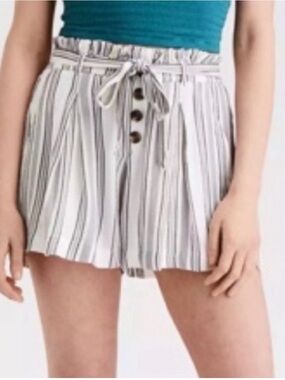 American Eagle Outfitters White and Black Striped High-Waist Tie-Front Shorts
